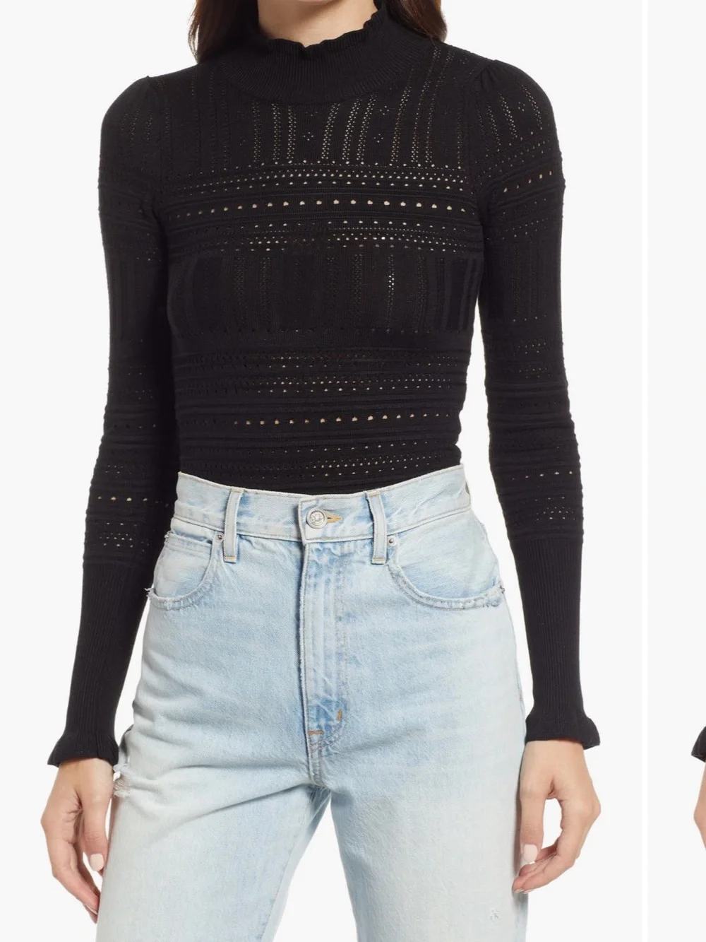 Free People Black Pointelle High-Neck Long-Sleeve Bodysuit - Picture 6 of 10